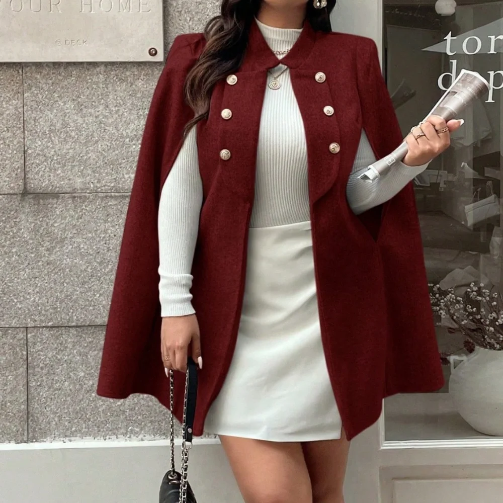 Plus Solid Button Detail Cape Jacket Coat - Picture 10 of 10